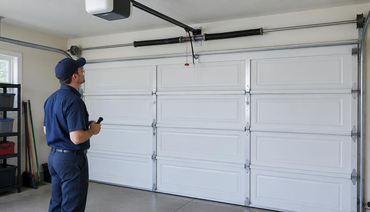 Technician inspecting a garage door that won’t open in Mooresville, NC